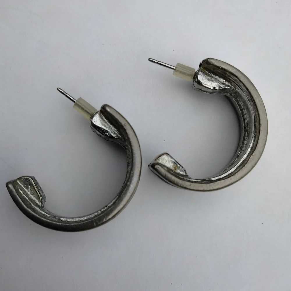 Vintage Green Enameled Half Hoop Earrings Pierced Silver Tone